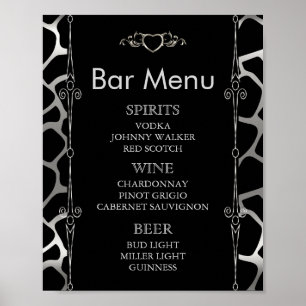 Bar Menu - Wedding in Silver & Black Giraffe Poster