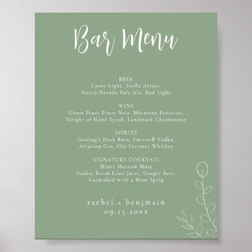 Bar Menu Wedding Sage Green Botanical Minimal Poster