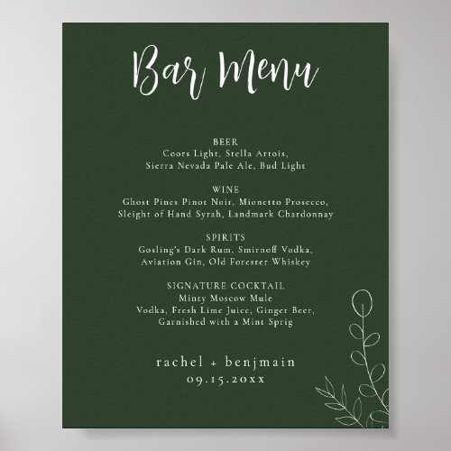 Bar Menu Wedding Sage Green Botanical Minimal Poster