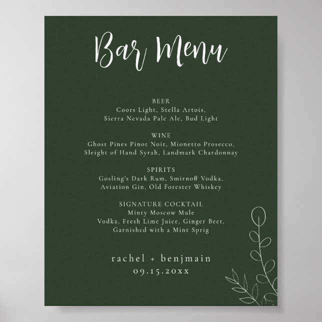 Bar Menu Wedding Sage Green Botanical Minimal Poster (Front)