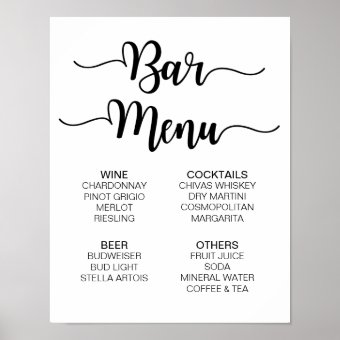 Bar Menu Wedding Sign | Modern Calligraphy | Zazzle