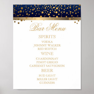 Bar Menu - White and Navy Blue with Gold Confetti Poster