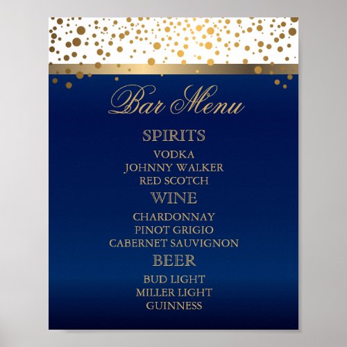 Bar Menu _ White and Navy Blue with Gold Confetti Poster