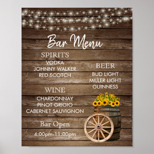 Bar Menu _  Wood Barrel with Sunflowers Poster