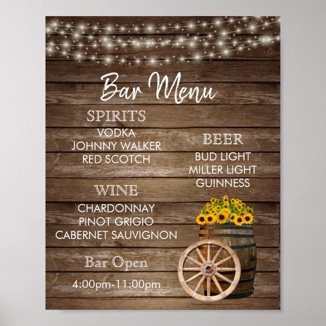 Bar Menu -  Wood Barrel with Sunflowers Poster (Front)