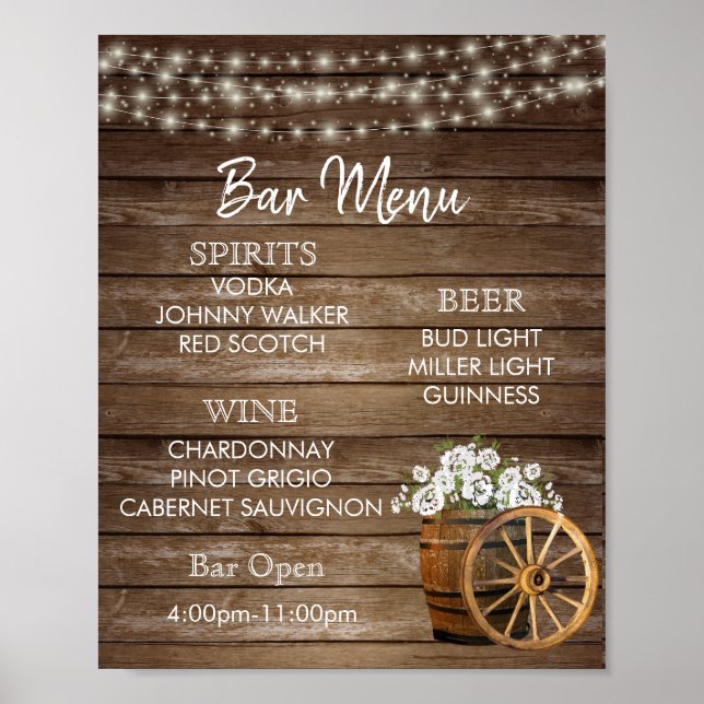Bar Menu -  Wood Barrel with White Flowers Poster (Front)