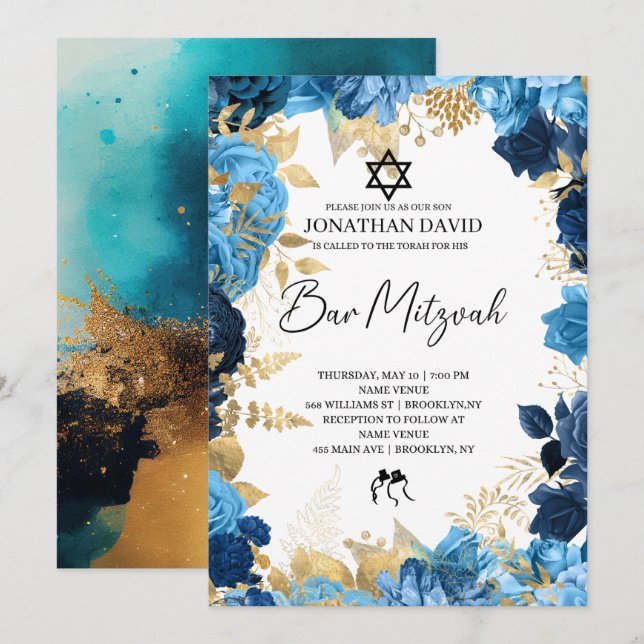 Bar Mitzvah\Bat Mitzvah,Birthday,Blue Gold Star Invitation (Front/Back)