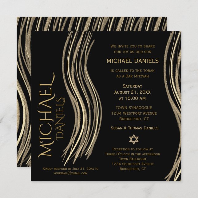Bar Mitzvah Black and Gold Prayer Shawl Invitation (Front/Back)