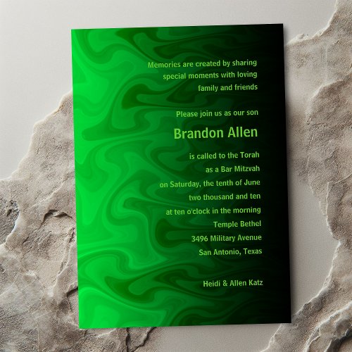 Bar Mitzvah Black and Green Waves Invitations
