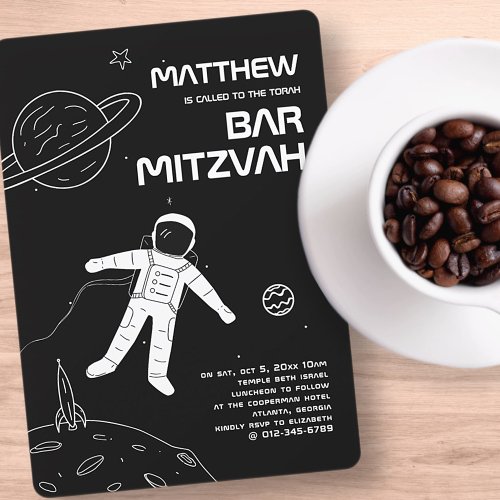 Bar Mitzvah Black and White Modern Astronaut Invitation