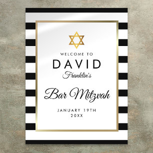 Bar Mitzvah Black And White Stripe Gold Welcome Poster
