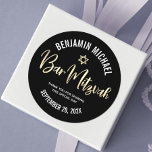 Bar Mitzvah Black Gold Foil Script Bold Modern Classic Round Sticker<br><div class="desc">Be proud, rejoice and showcase this milestone of your favorite Bar Mitzvah! Use this cool, unique, modern, personalized sticker to add to his special day. Graphic faux gold foil handwritten script typography and a faux gold Star of David overlay a sophisticated, dramatic black background. Personalize the custom text with your...</div>