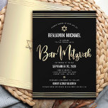 Bar Mitzvah Black Gold Foil Script Bold Modern Invitation<br><div class="desc">Be proud, rejoice and showcase this milestone of your favorite Bar Mitzvah! Send out this stunning, modern, sophisticated, personalized invitation for an event to remember. Graphic faux gold foil calligraphy script, Star of David, and hand drawn tallit lines, overlay a rich, dramatic, black background. A faux gold Star of David...</div>