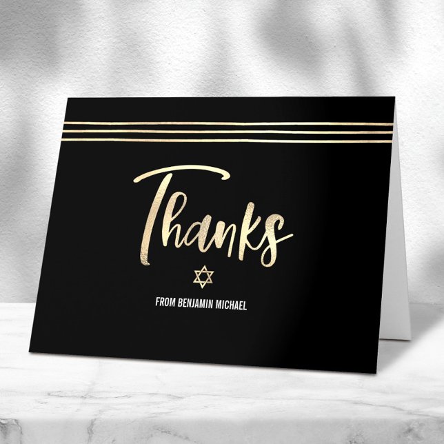Bar Mitzvah Black Gold Foil Script Tallit Modern Thank You Card (Creator Uploaded)