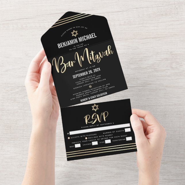 Bar Mitzvah Black Gold Foil Script Tallit Party All In One Invitation (Tearaway)