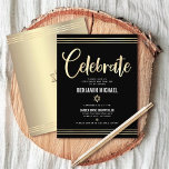Bar Mitzvah Black Gold Foil Tallit Script Modern Enclosure Card<br><div class="desc">Be proud, rejoice and showcase this milestone of your favorite Bar Mitzvah! Include this stunning, modern, personalized insert for additional information to your event. Graphic faux gold foil calligraphy script, Star of David, and hand drawn tallit lines overlay a rich, dramatic, black background. A faux gold Star of David and...</div>