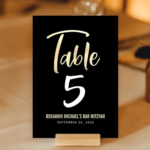 Bar Mitzvah Black Gold Script Modern Bold Elegant Table Number