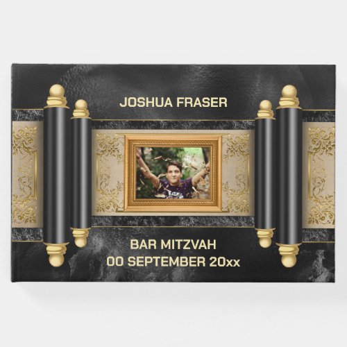 Bar mitzvah black marble gold scroll boys photo guest book