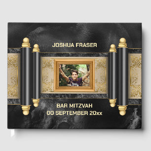 Bar mitzvah black marble gold scroll boys photo guest book