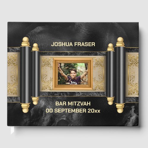 Bar mitzvah black marble gold scroll boys photo