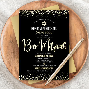 Bar Mitzvah Black Modern Script Stylish Real Gold Foil Invitation