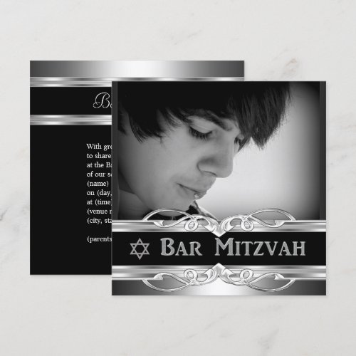 Bar Mitzvah Black Silver Metal male 2 Custom Invite