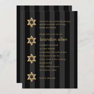 Bar Mitzvah Black Stripe Gold Star Invitation