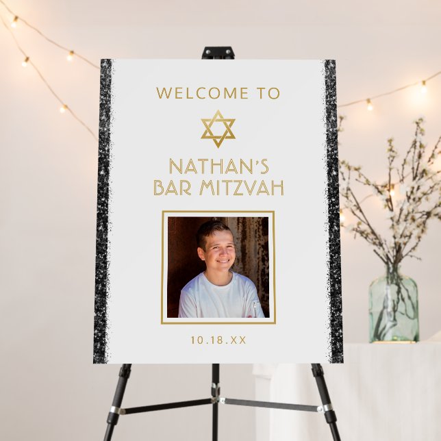 Bar Mitzvah Black & White Glitter Photo Welcome  Foam Board (In Situ (Stand))