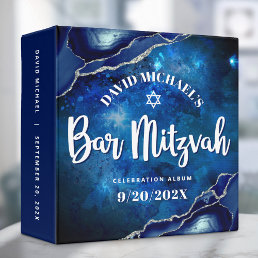 Bar Mitzvah Blue Agate Watercolor Script Keepsake 3 Ring Binder