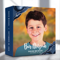 Bar Mitzvah Blue Agate Watercolor Script Photo 3 Ring Binder
