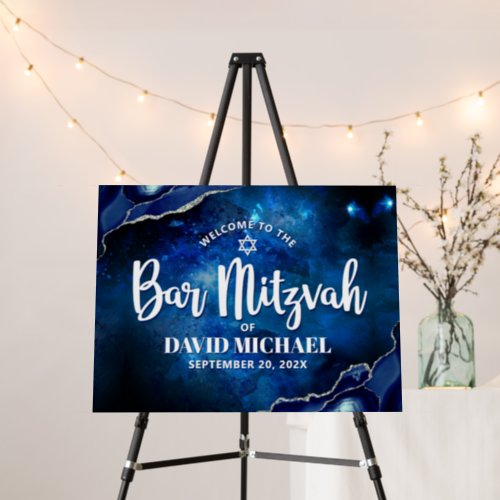 Bar Mitzvah Blue Agate Watercolor Script Welcome Foam Board