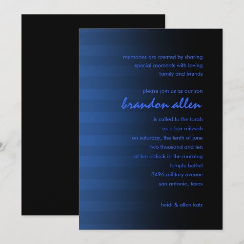 Bar Mitzvah Blue and Black Horizontal Stripe Custom Invites
