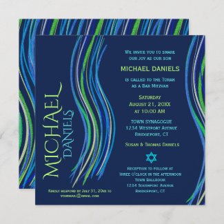Blue and Green Prayer Shawl Bar Mitzvah Invitation
