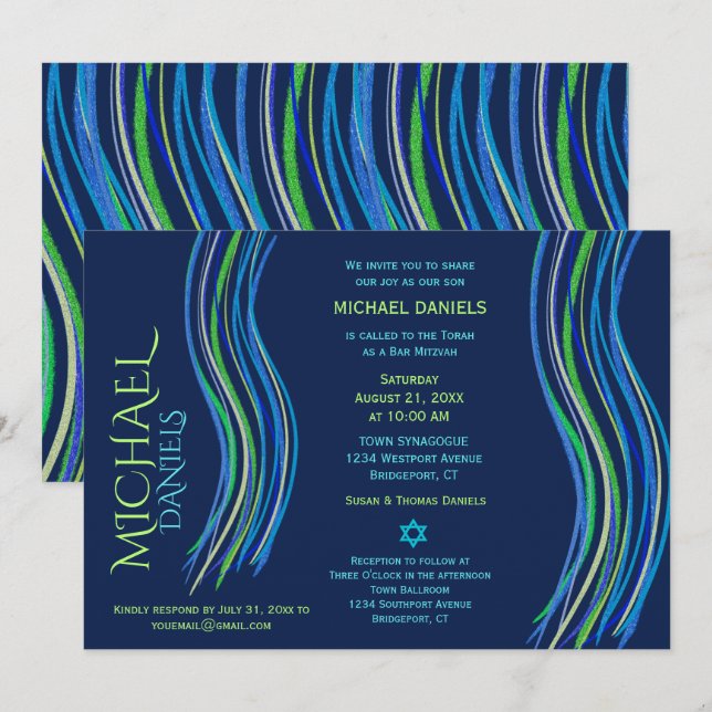 Bar Mitzvah Blue and Green Prayer Shawl Invitation (Front/Back)