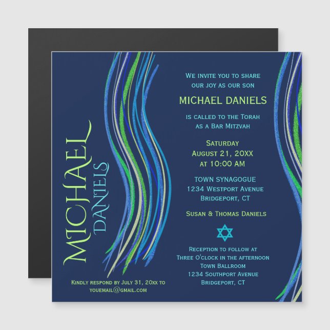 Bar Mitzvah Blue and Green Prayer Shawl Invitation (Front/Back)