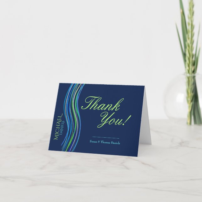Bar Mitzvah Blue and Green Prayer Shawl Thank You Card (Front)