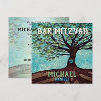 Bar Mitzvah Blue and Green Tree of Life Invitation