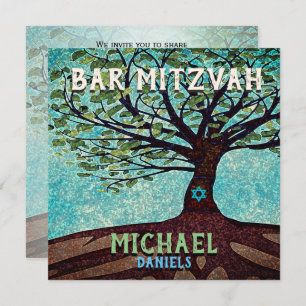 Bar Mitzvah Blue and Green Tree of Life Invitation
