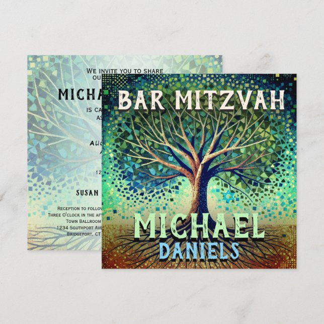 Bar Mitzvah Blue and Green Tree of Life Invitation (Front/Back)