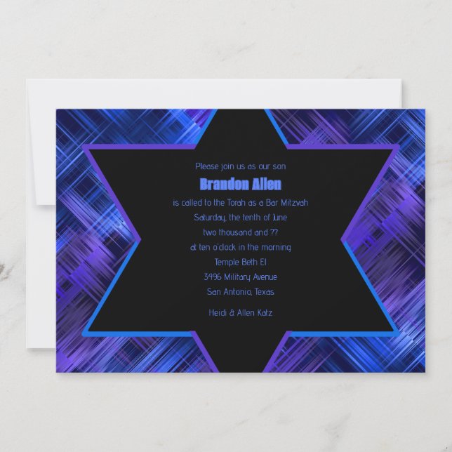 Bar Mitzvah Blue and Purple Abstract Plaid Invitation (Front)