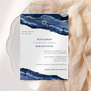 Bar Mitzvah Blue and Silver Agate Border Modern Invitation