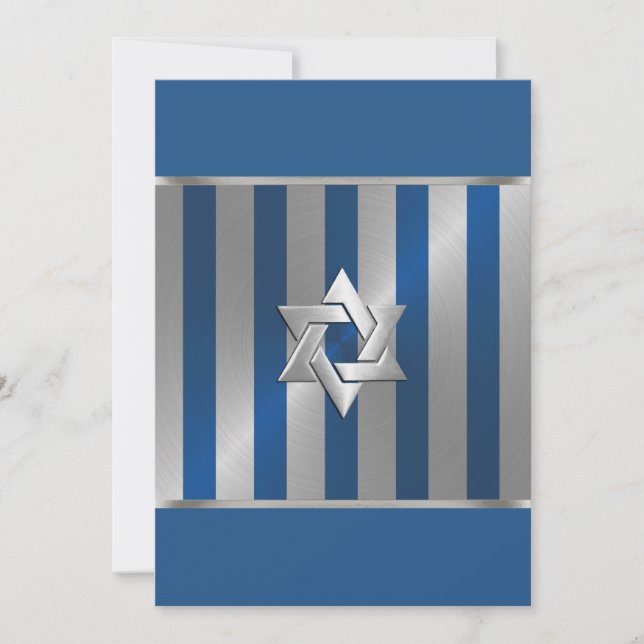 Bar Mitzvah Blue and Silver Stripe Star of David Invitation (Front)