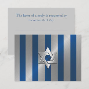 Bar Mitzvah Blue and Silver Stripe Star of David RSVP Card