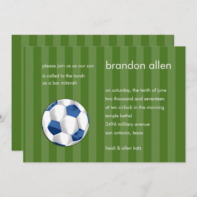 Bar Mitzvah Blue and White Soccer Ball Invitation (Front/Back)
