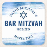 Bar Mitzvah Blue Foil Navy Typography Modern Bold Square Paper Coaster<br><div class="desc">Be proud, rejoice and showcase this milestone of your favorite Bar Mitzvah! Celebrate with this bold, stunning, simple, modern, custom paper coaster. Faux metallic light blue foil brush strokes, navy blue typography and a navy blue Star of David overlay a clean, white background. Personalize with your son’s name, date of...</div>