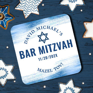 Bar Mitzvah Blue Foil Navy Typography Modern Bold Square Paper Coaster