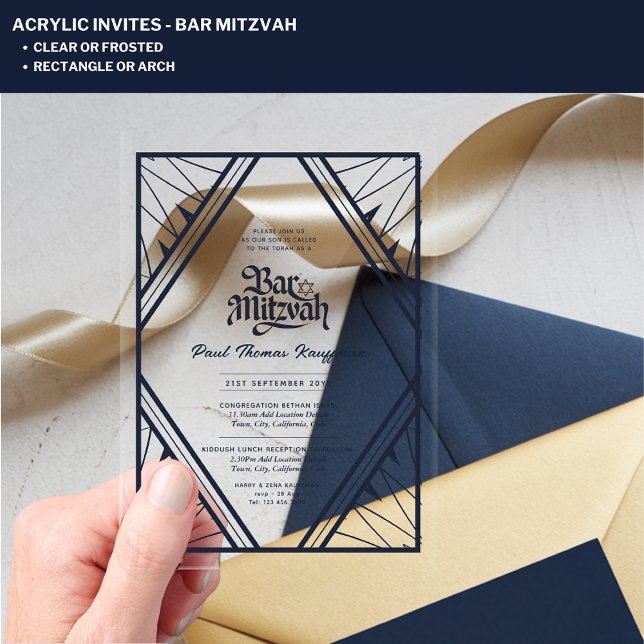 BAR MITZVAH Blue Gold Clear Luxury Minimalist Acrylic Invitations (Creator Uploaded)