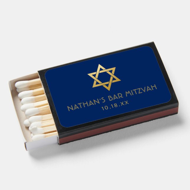 Bar Mitzvah Blue Gold Star of David Favor Matchboxes (Front Open)