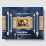 Bar mitzvah blue marble gold scroll boys photo guest book<br><div class="desc">A beautiful vibrant navy blue and black faux marble infused background has a blue and faux gold scroll on it with a text template for your personalized wording and a photo inlay for your custom photograph. This design is ideal for your son celebrating a bar mitzvah or for new business...</div>