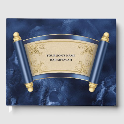 Bar mitzvah blue marble gold scroll guest book